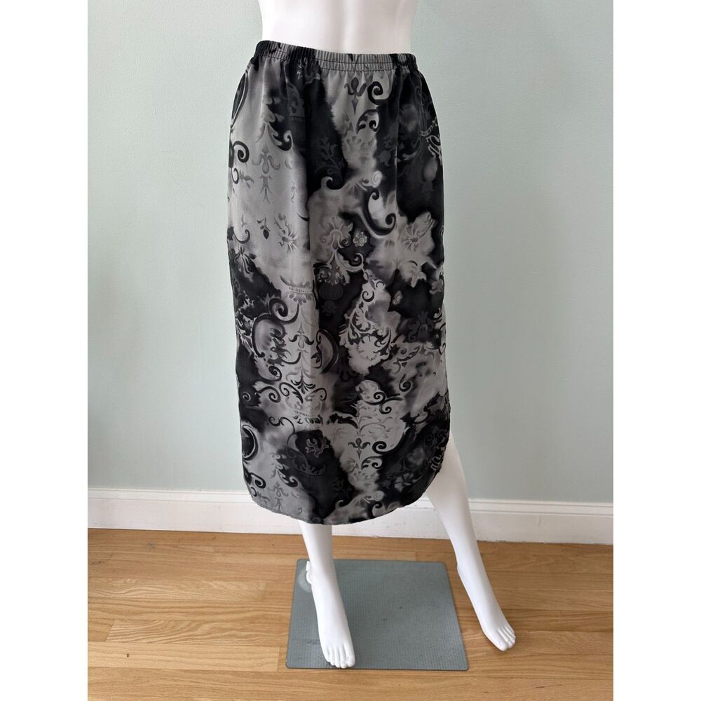 Vintage 90s Black Grey Baroque Swirl Midi Skirt Elastic Waist Gothic Grunge sz S